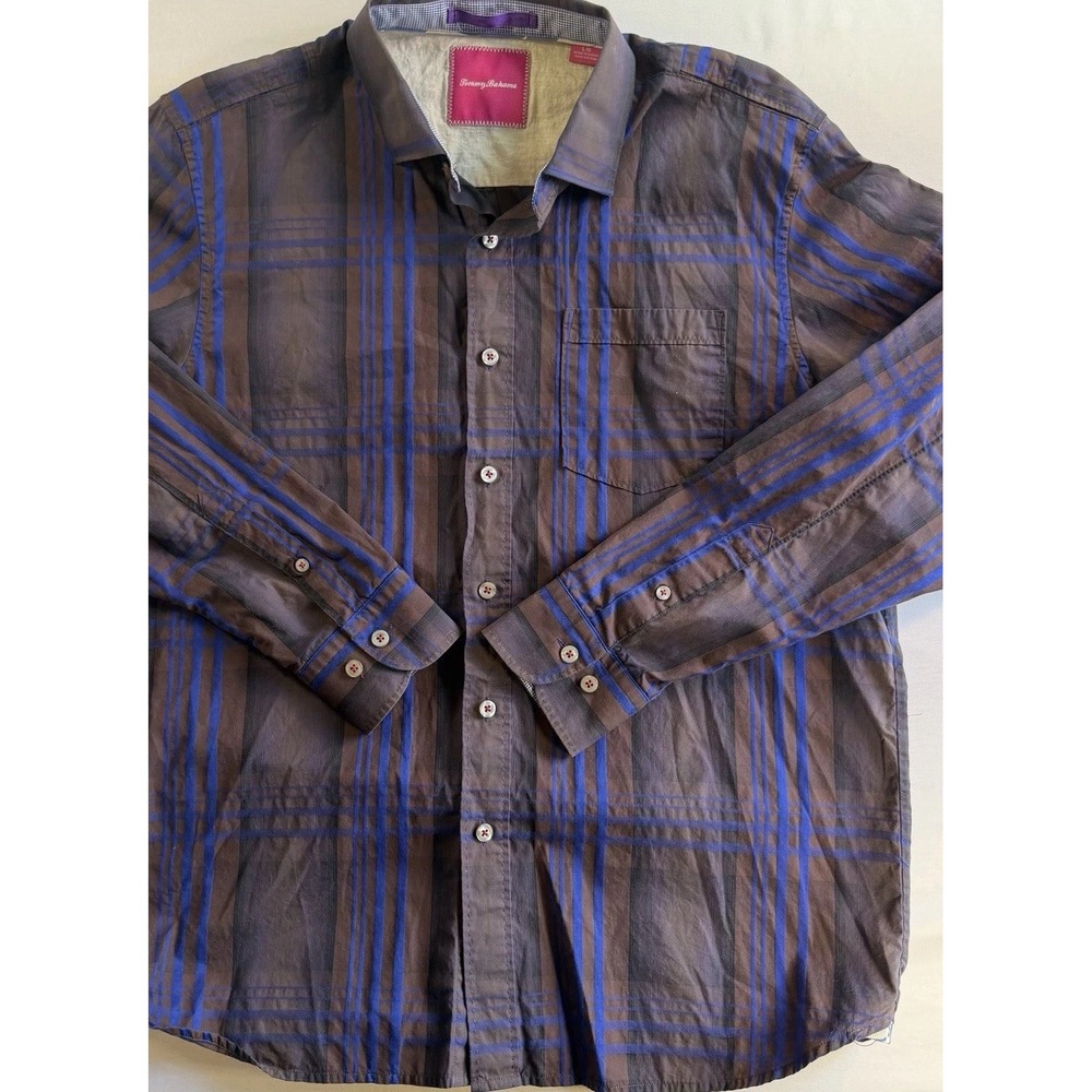 Tommy Bahama Button Up Shirt Mens L Brown Blue Plaid Long Sleeve Cotton Pockets